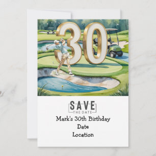 Golfer 30th Birthday met golfkar Save the Date Kaart