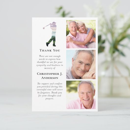 Golfer 3 foto sympathie begrafenis bedankkaart (Staand voorkant)