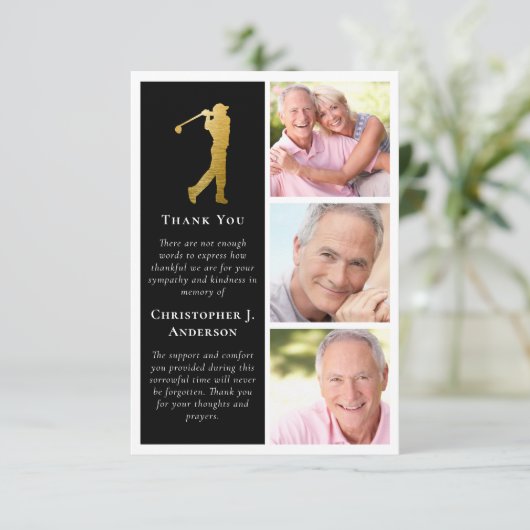 Golfer 3 foto sympathie begrafenis bedankkaart (Staand voorkant)