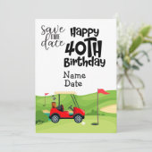 Golfer 40th Birthday met golfkar Save the Date Kaart (Staand voorkant)