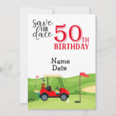 Golfer 50th Birthday met golfkar Save the Date Kaart (Voorkant)