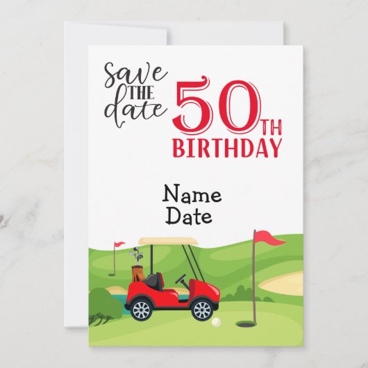 Golfer 50th Birthday met golfkar Save the Date Kaart (Voorkant)