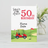 Golfer 50th Birthday met golfkar Save the Date Kaart (Staand voorkant)