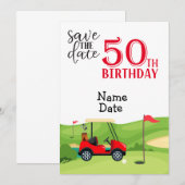 Golfer 50th Birthday met golfkar Save the Date Kaart (Voorkant / Achterkant)