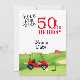 Golfer 50th Birthday met golfkar Save the Date Kaart
