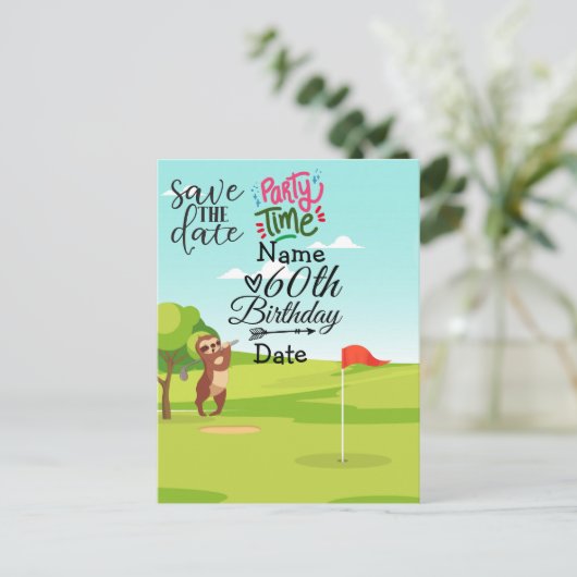 Golfer 60th Birthday met golfkar Save the Date Uitnodiging Briefkaart (Staand voorkant)