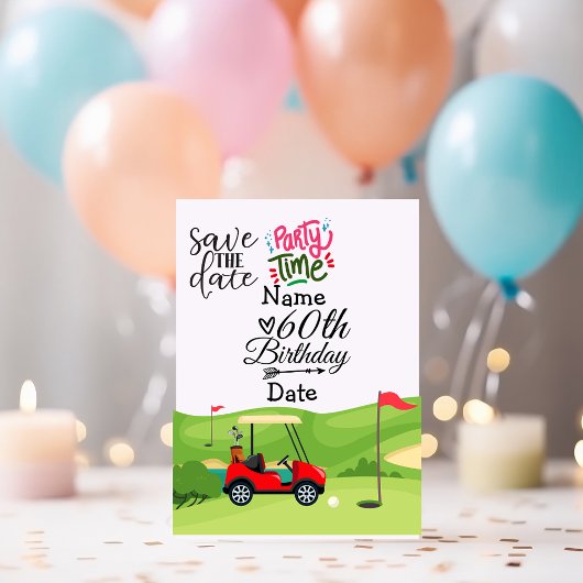 Golfer 60th Birthday met golfkar Save the Date Uitnodiging Briefkaart