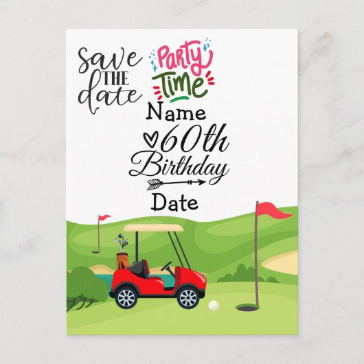 Golfer 60th Birthday met golfkar Save the Date Uitnodiging Briefkaart (Voorkant)