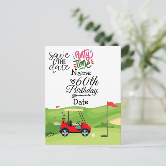 Golfer 60th Birthday met golfkar Save the Date Uitnodiging Briefkaart (Staand voorkant)