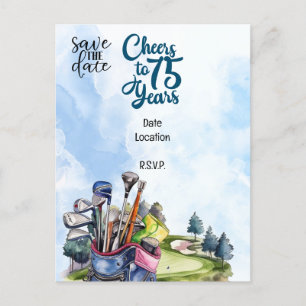 Golfer 75ste verjaardag met golftas Save the Date  Uitnodiging Briefkaart