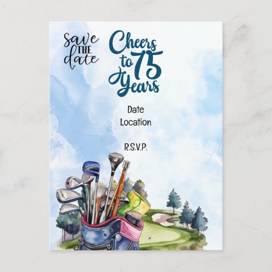 Golfer 75ste verjaardag met golftas Save the Date  Uitnodiging Briefkaart (Voorkant)