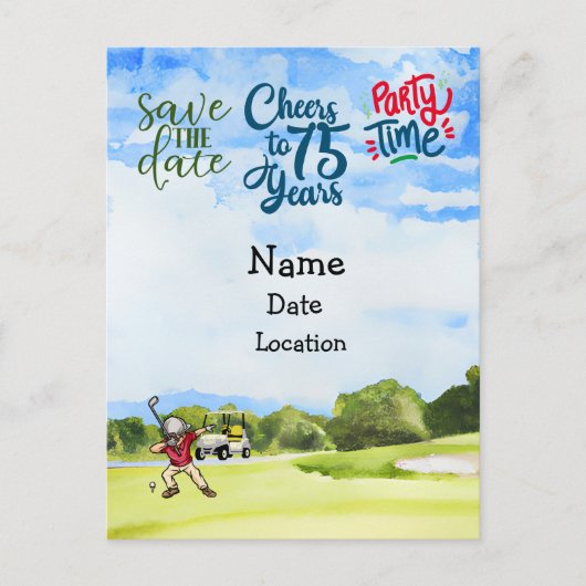 Golfer 75th Birthday met golfkarretje Save the Dat Uitnodiging Briefkaart (Voorkant)