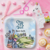 Golfer 75th Verjaardag met golftas op golfbaan Papieren Bordje (Feest)