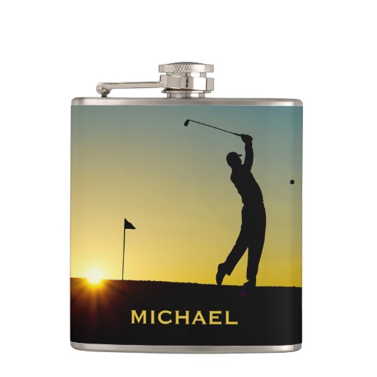 Golfer bij Zonsondergang Persoonlijk Heupfles (Voorkant)
