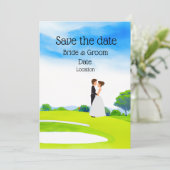 Golfer Bruid en Bruidegom op golfbaan op hun trouw Kaart (Staand voorkant)