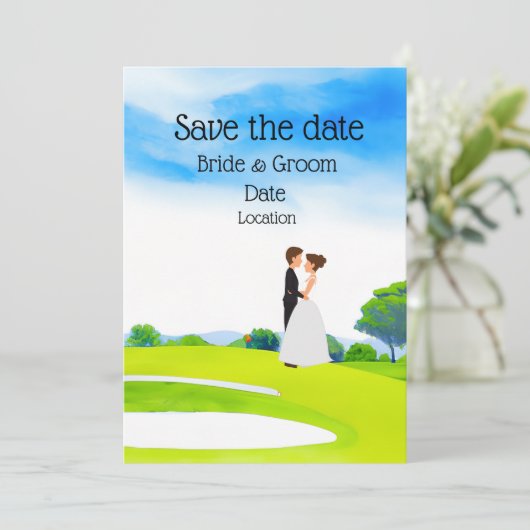 Golfer Bruid en Bruidegom op golfbaan op hun trouw Kaart (Staand voorkant)