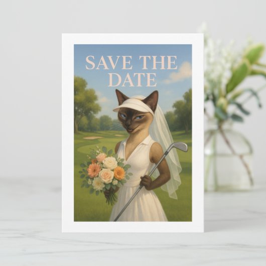 Golfer Cat Bride toernooi Save the Date Wedding Kaart (Staand voorkant)