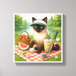 Golfer Cat is een picknick in de tuin Canvas Afdruk