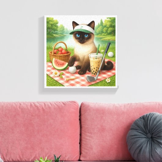 Golfer Cat is een picknick in de tuin Canvas Afdruk (Insitu (Woonkamer))
