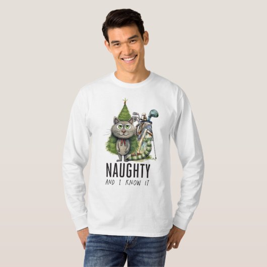 Golfer Cat ondeugend en ik weet het kerst golfen T-shirt (Voorkant volledig)