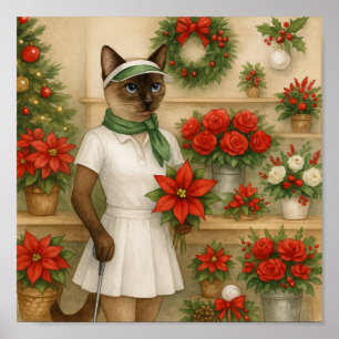 Golfer Cat Woman Kerstthema voor dierenvriend Poster