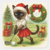 Golfer Cat Woman Kerstthema voor dierenvriend Vierkante Sticker (Voorkant)