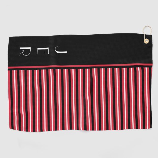 Golfer Custom Initialen | Zwarte rode moderne stre Golfhanddoek (Horizontaal)