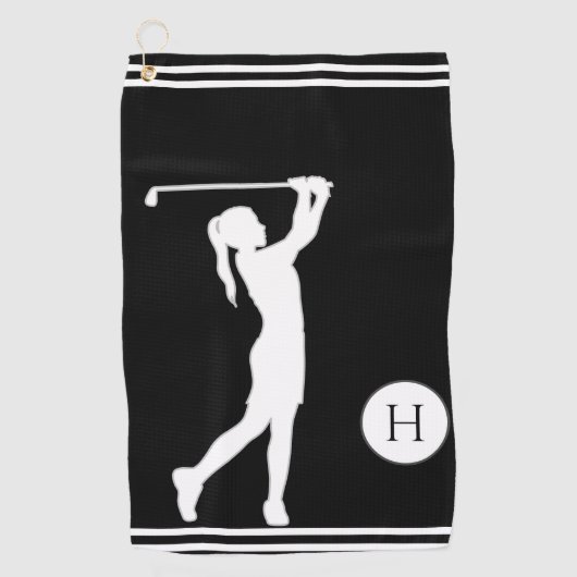 Golfer dames met een zwart of wit silhouet golfhanddoek (Voorkant)