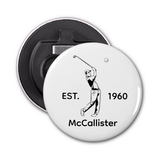 Golfer en gepersonaliseerde naam en jaar button flesopener (Voorkant)