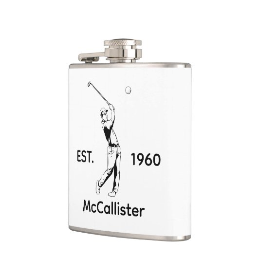 Golfer en gepersonaliseerde naam en jaar heupfles (Links)