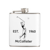 Golfer en gepersonaliseerde naam en jaar heupfles (Voorkant)