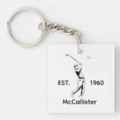 Golfer en gepersonaliseerde naam en jaar sleutelhanger (voorkant)