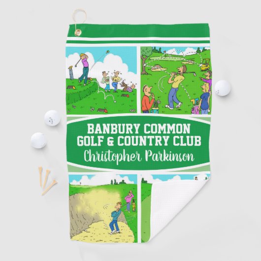 Golfer & Golf Club Name met 4 Funny Cartoons Golfhanddoek (Insitu)
