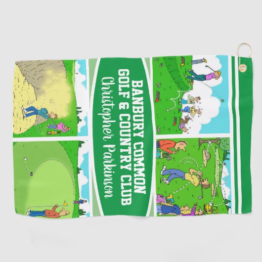 Golfer & Golf Club Name met 4 Funny Cartoons Golfhanddoek (Horizontaal)