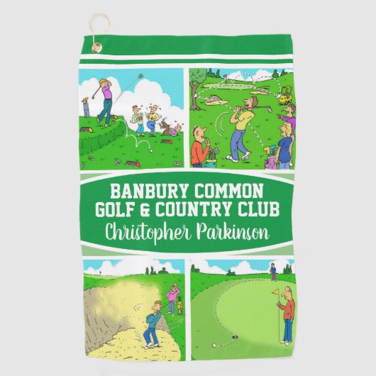 Golfer & Golf Club Name met 4 Funny Cartoons Golfhanddoek (Voorkant)