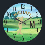 Golfer Golf Course Custom Name 3-D Monogram Grote Klok<br><div class="desc">Een aangepaste unieke golfsklok — smaakvol gedaan — klaar om de koers uit te voeren — schilderachtig — golfer in actie — en personaliseer je ook met een aangepast tweetonig monogram en hun naam. Dit is een geweldig cadeau voor alle heren golfgeliefden — leuk, aantrekkelijk of uniek. Als u ontwerpvragen...</div>