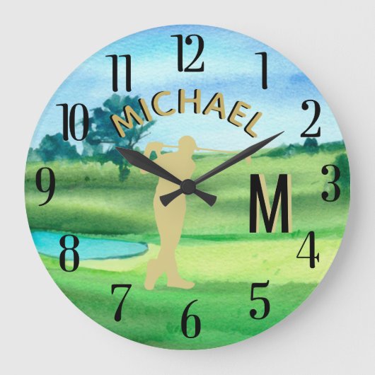 Golfer Golf Course Custom Name 3-D Monogram Grote Klok (Voorkant)