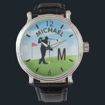 Golfer Golf Course Custom Name 3-D Monogram Horloge<br><div class="desc">Een aangepast uniek golfvrijgezellenhorloge — smaakvol gedaan — klaar om de cursus te runnen — schilderachtig — golfer in actie — en personaliseer je ook met een aangepast tweetonig monogram en hun naam. Dit is een geweldig cadeau voor alle heren golfgeliefden — leuk, aantrekkelijk of uniek. Als u ontwerpvragen of...</div>