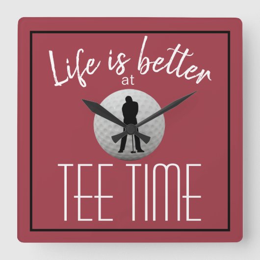 Golfer Golf Course T-shirt Time Red Black Vierkante Klok (Voorkant)