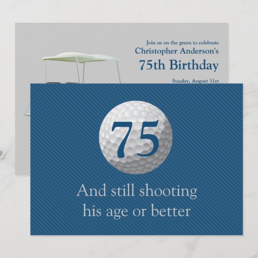 Golfer Golf Golfing Blue 75th Birthday Invitation Kaart (Voorkant / Achterkant)