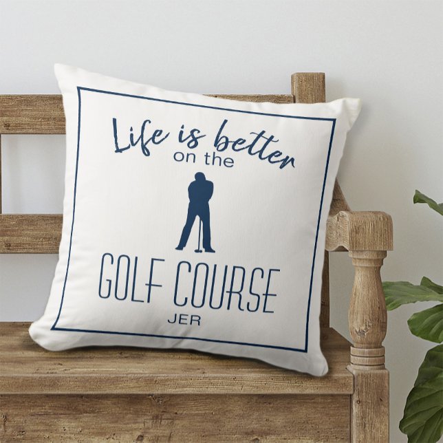 Golfer Golfbaan Quote Monogrammed Wit Blauw Kussen (Golfer Golf Course Quote Monogrammed White Blue Throw Pillow)