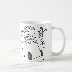 Golfer heeft bord met "Hoe rij ik?" Koffiemok