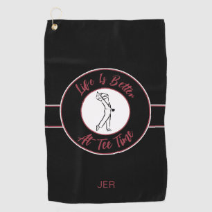 Golfer Humor Tee Tijd Sport Monogram Zwart Karmozi Golfhanddoek