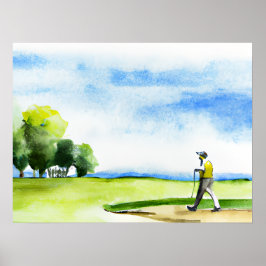 Golfer in de waterverf van golfbanen poster