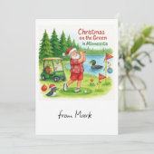 Golfer Kerstman golft met Minnesotameer uitzicht Feestdagenkaart (Staand voorkant)