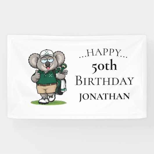 Golfer koala verjaardagsfeestje spandoek (Horizontaal)