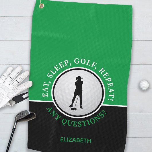 Golfer Lady Silhouette Golf Ball Quote Black Green Golfhanddoek