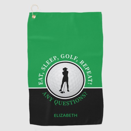 Golfer Lady Silhouette Golf Ball Quote Black Green Golfhanddoek (Voorkant)