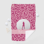 Golfer Lady Silhouette Roze Girly Custom Name Golfhanddoek (Insitu)