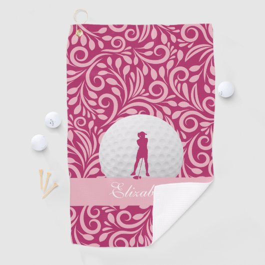 Golfer Lady Silhouette Roze Girly Custom Name Golfhanddoek (Insitu)